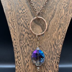 Boho AB Iridescent Oval Crystal Pendant Necklace with 24" Antique Copper Chain