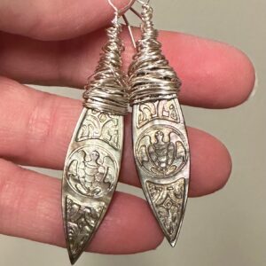 Carved Abalone Shell, Silver Wire Wrapped Boho Drop Earrings