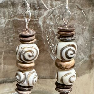 African Carved Bone, Coconut Shell, Silver Drop Earrings