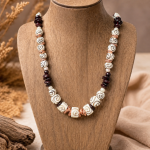 Boho batik tribal bone necklace with copper accents and garnet gemstone beads