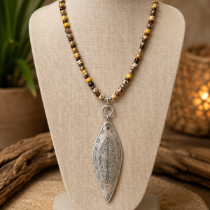 Handmade Boho brown Czech Picasso seed bead necklace with silver tribal shield pendant