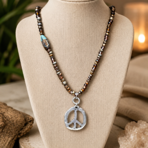 Boho brown Czech glass seed bead necklace with silver Mykonos peace sign pendant