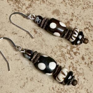 Boho carved bone bead earrings with natural wood accents and sterling silver ear wires by Boho By Shae