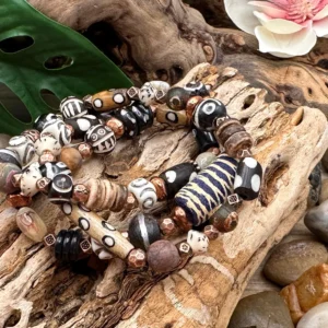 Handmade Tribal African Krobo glass wrap bracelet with carved ox bone, clay, copper, coconut and agate beads