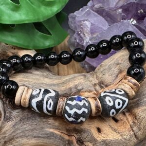 Sacred African Krobo Glass, Onyx, Coconut Shell Bracelet