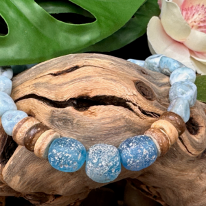 Ocean Waves - Recycled Sea Glass and Genuine Larimar Nugget, Coconut Shell Beaded Bracelet Beads