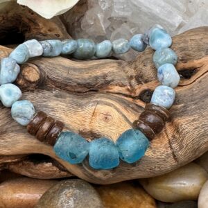 Ocean Waves 2 - Recycled Sea Glass, Larimar, Coconut Shell Beaded Bracelet