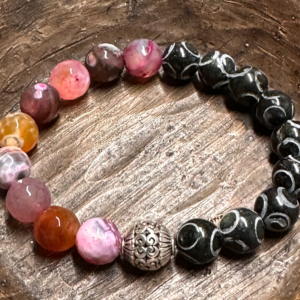 Morning Sun - Hand Carved Black Jade, Agate, Silver Beaded Bracelet