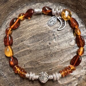 Baltic Moonlight - Genuine Baltic Amber, Sterling Silver with Crescent Moon Charm Bracelet