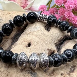 Black Moon | Hand-Carved Jade, Black Onyx, Hematite and Silver Plated Bracelet