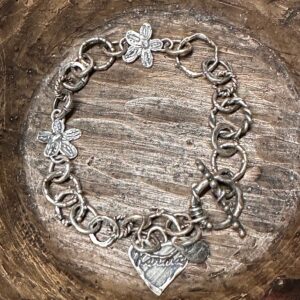 Reclaimed Sterling Silver Flower Link & Karma Charm Bracelet