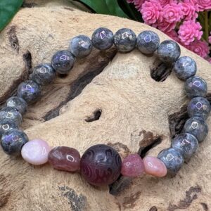 Carved Bodhi Root Pixiu Mala, Labradorite and Pink Agate Bracelet