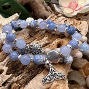 Handcrafted Beach Vibes wrap bracelet featuring agate, Czech crystal glass, Labradorite, handmade lampwork glass, buffalo bone, coconut shell, and silver accents by Boho By Shae