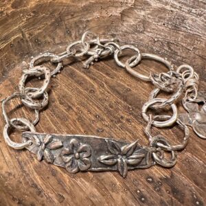 Reclaimed Sterling Silver Link Bracelet with Floral Accents & Charm