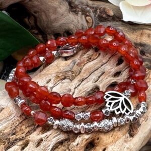 Handcrafted Silver Lotus wrap bracelet featuring faceted carnelian gemstones, silver beads, and a lotus focal by Boho By Shae
